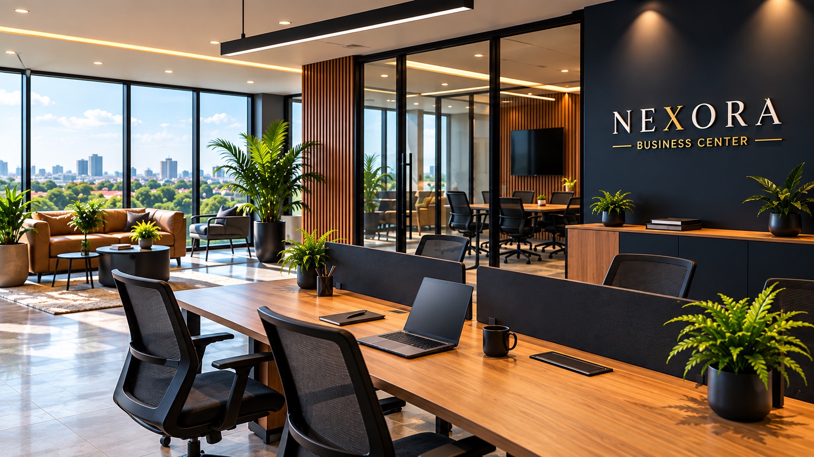 NEXORA Business Center Business Lounge — Club Chairs and Warm Lighting