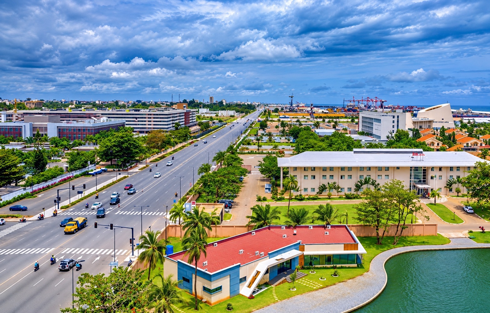 Vue aérienne d’un quartier d’affaires côtier, son grand boulevard et le port à l’horizon